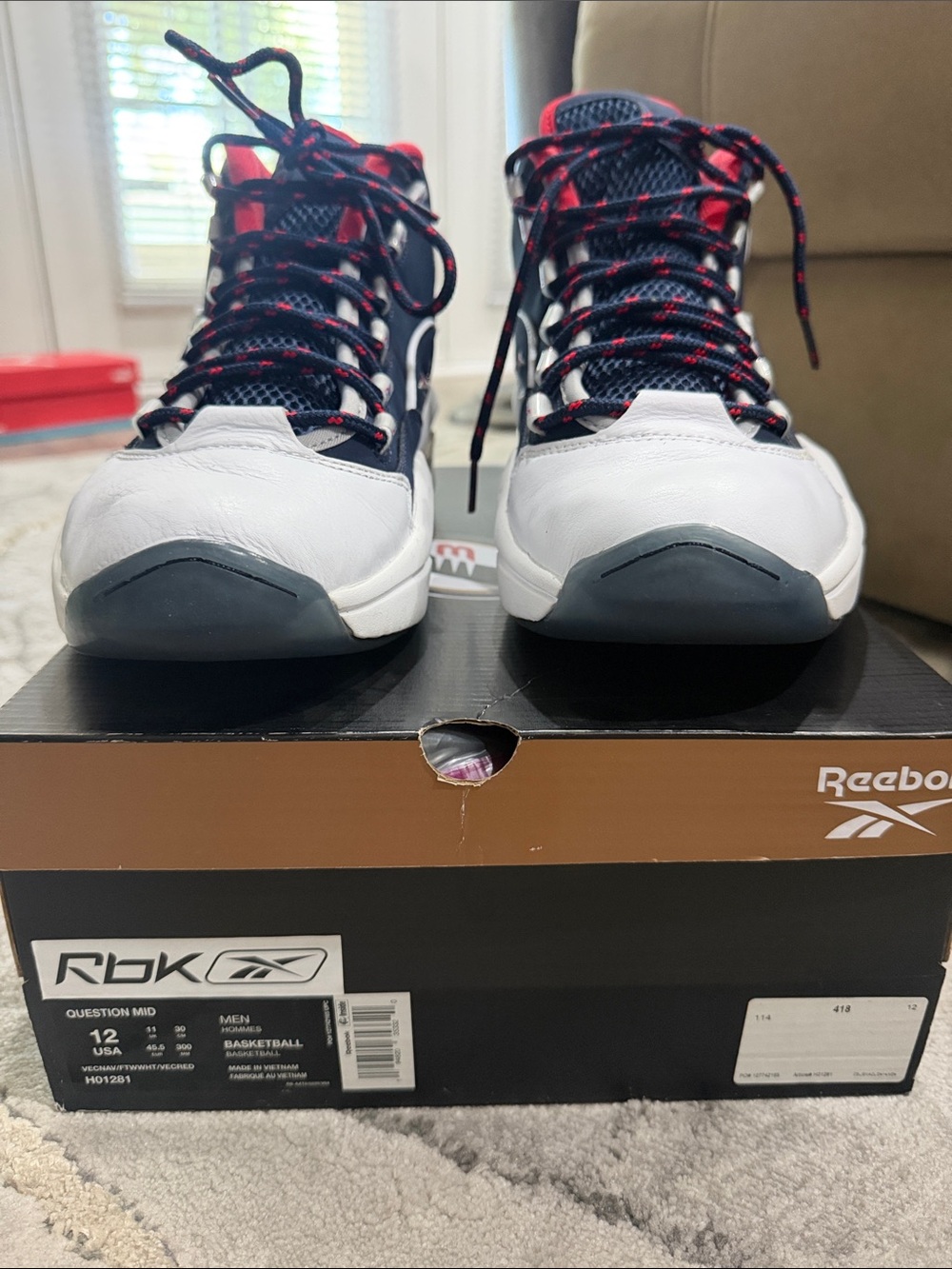 Reebok Men’s QUESTION MID White Navy Sneakers with Red Accents